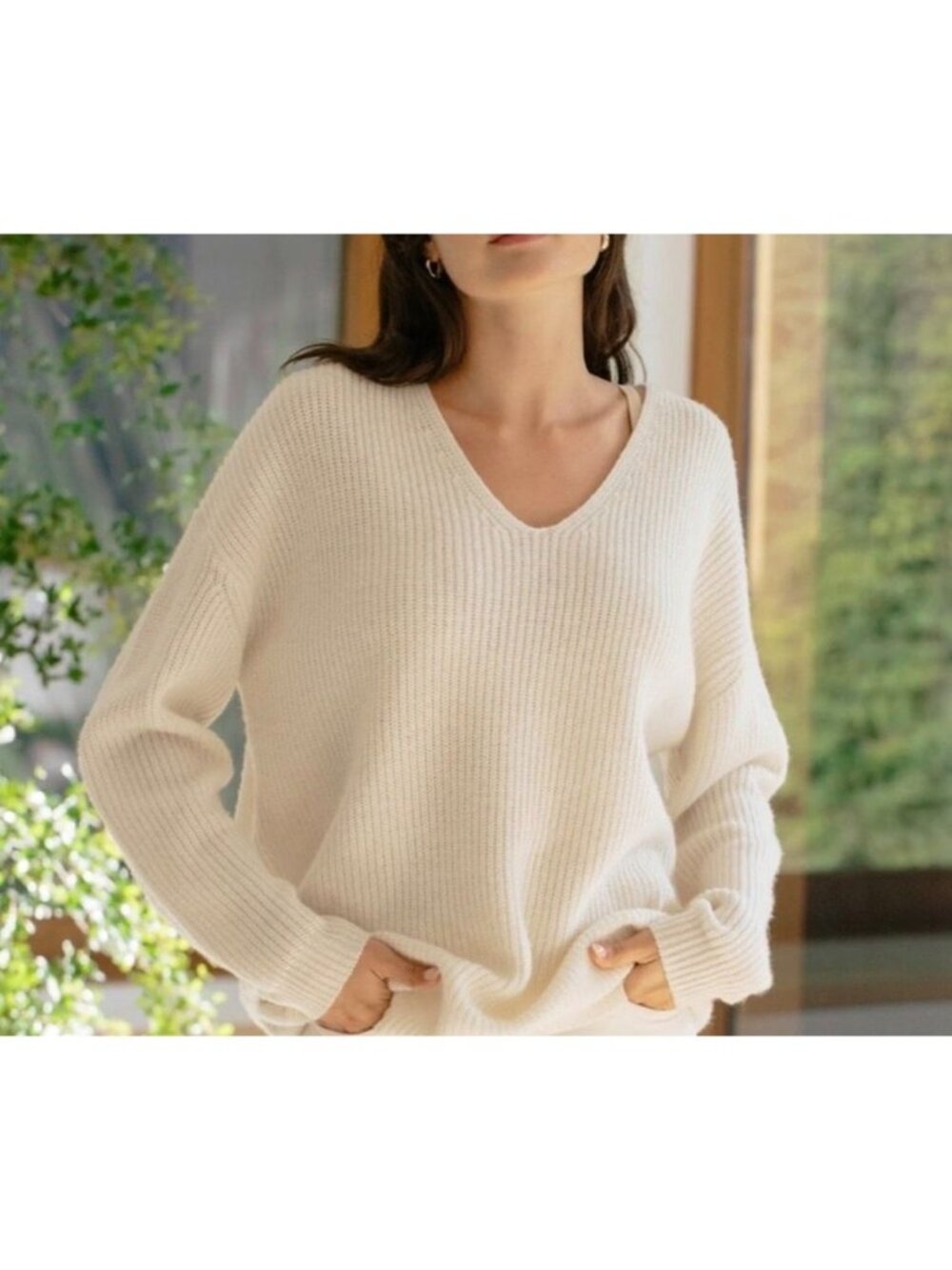 Jenni Kayne Cacin Sweater Cashmere Wool V-Neck Ribbed Beige Cream Large relaxed